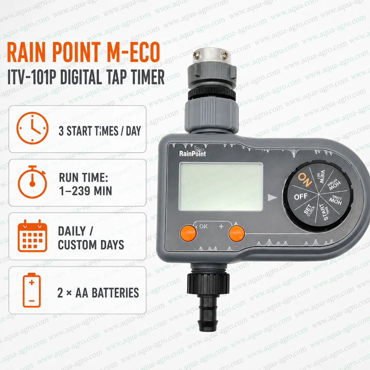 RainPoint M-ECO ITV-101P digital water timer with rotary dial, three start times per day, 1–239 minute run time and custom watering days