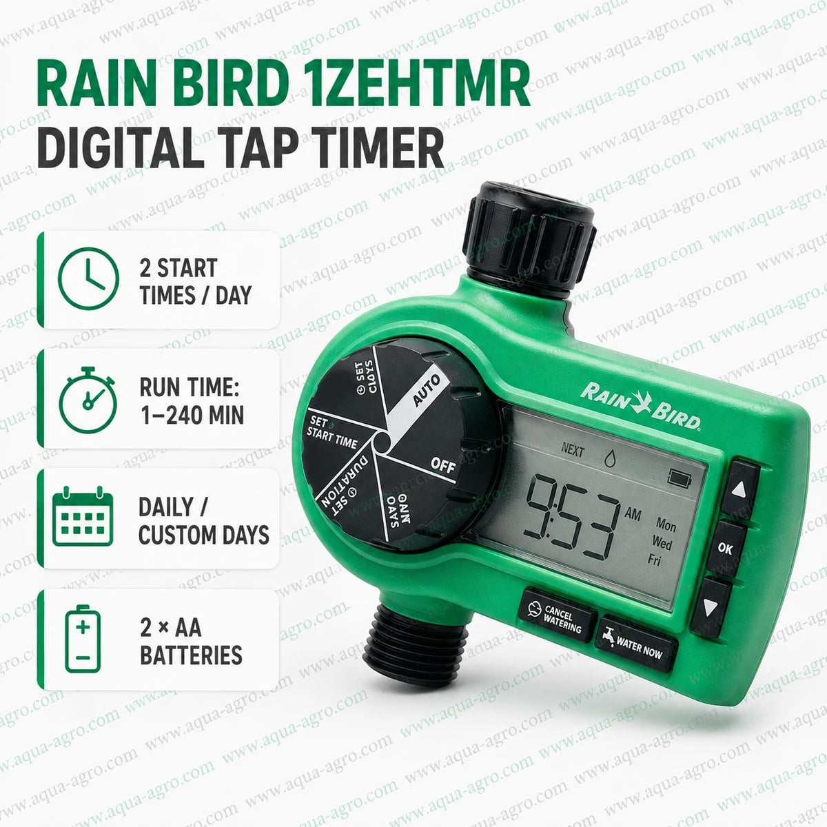 Rain Bird 1ZEHTMR digital tap timer with LCD display, 2 start times per day, 1–240 minute run time and custom watering day programming