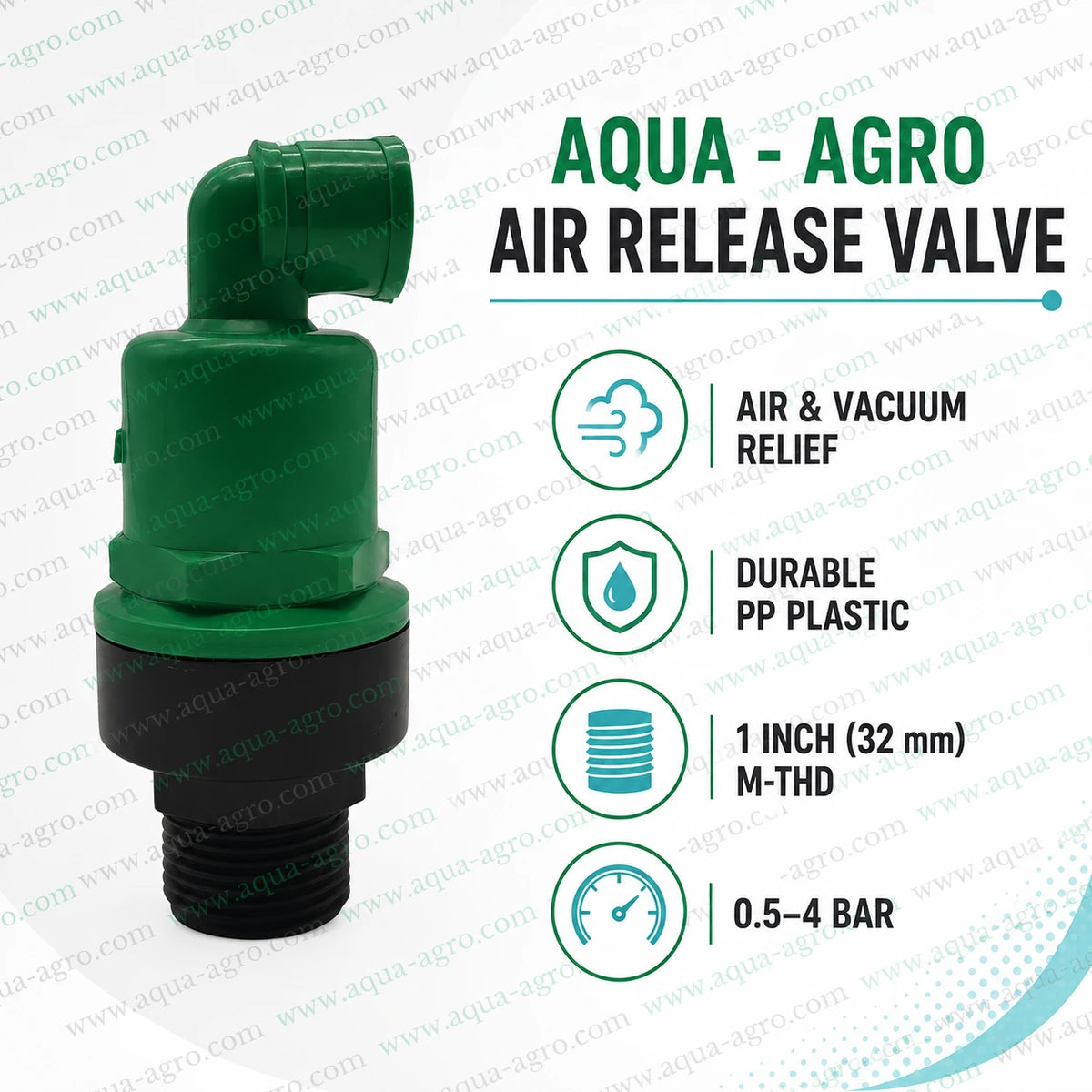 Aqua-Agro 1 Inch 32mm PP Plastic Air Release And Vacuum Relief Valve With Male Thread And 0.5-4 Bar Operating Pressure