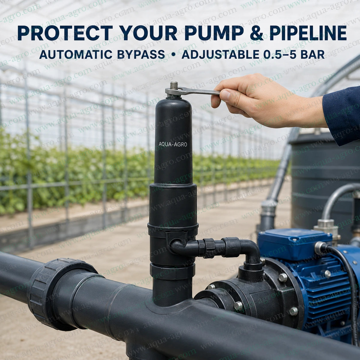 AQUA AGRO AQ-5002-PRV 2 inch pressure release valve installed on irrigation pipeline near water pump showing manual pressure adjustment for automatic bypass protection in agricultural greenhouse and irrigation water supply systems