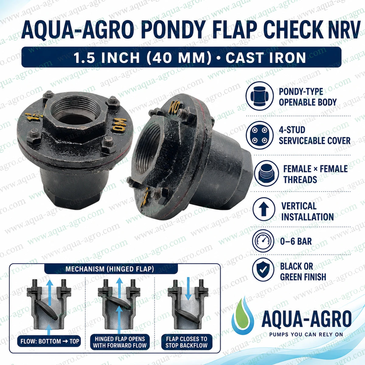 AQUA AGRO 1.5 inch 40mm Pondy flap check NRV cast iron non return valve with serviceable four stud cover female threaded connections vertical installation and hinged flap backflow protection