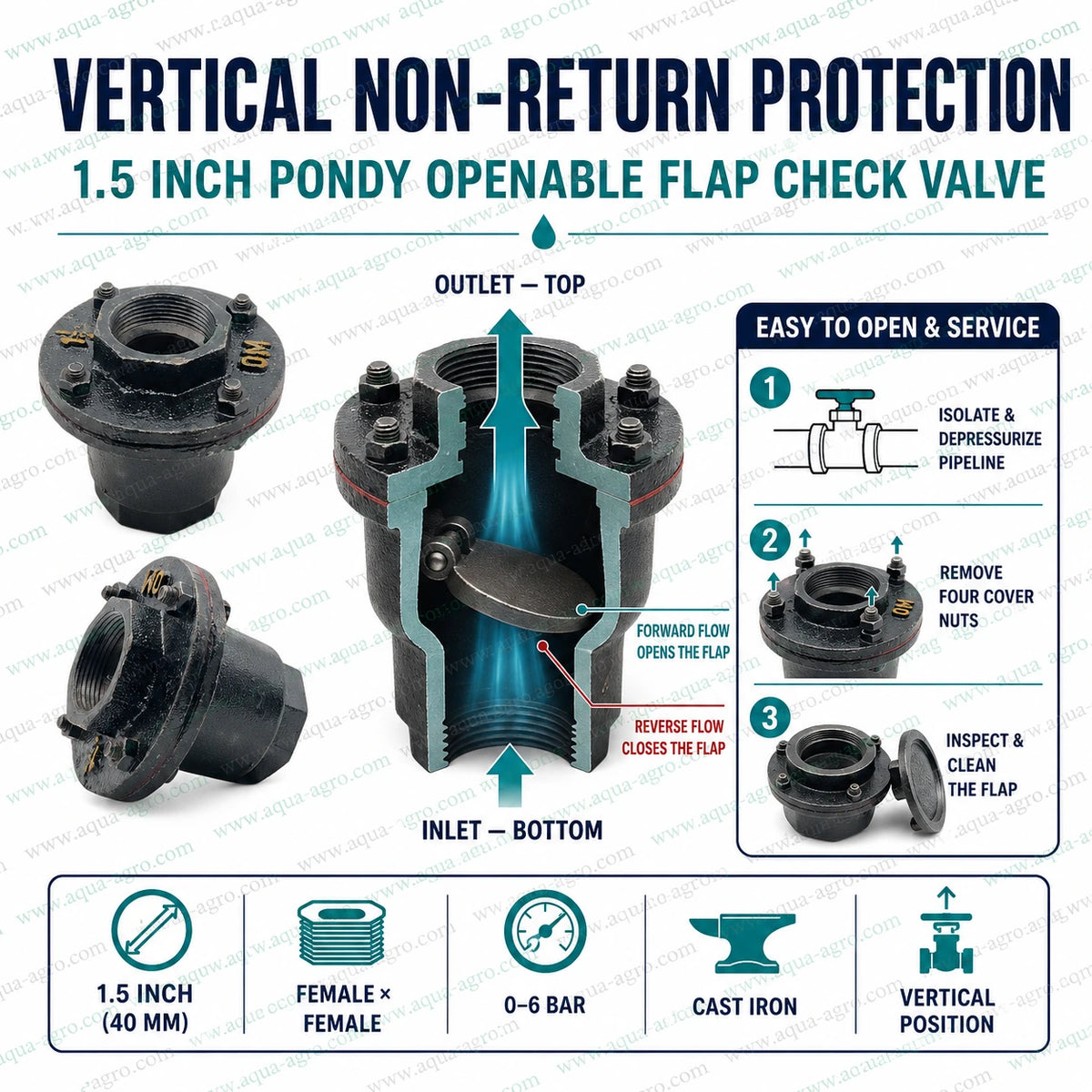 AQUA AGRO Pondy openable flap check valve 1.5 inch 40mm cast iron NRV with female threaded inlet and outlet serviceable cover vertical flow and backflow prevention for irrigation systems