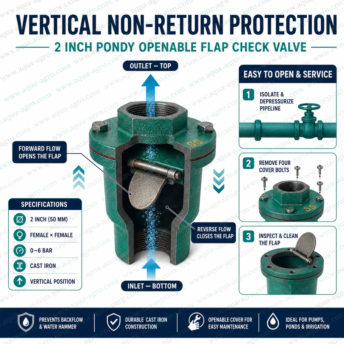 AQUA AGRO 2 inch 50mm cast iron Pondy openable flap check non return valve NRV with female threaded ends vertical installation 0 to 6 bar backflow protection for pumps ponds and irrigation systems