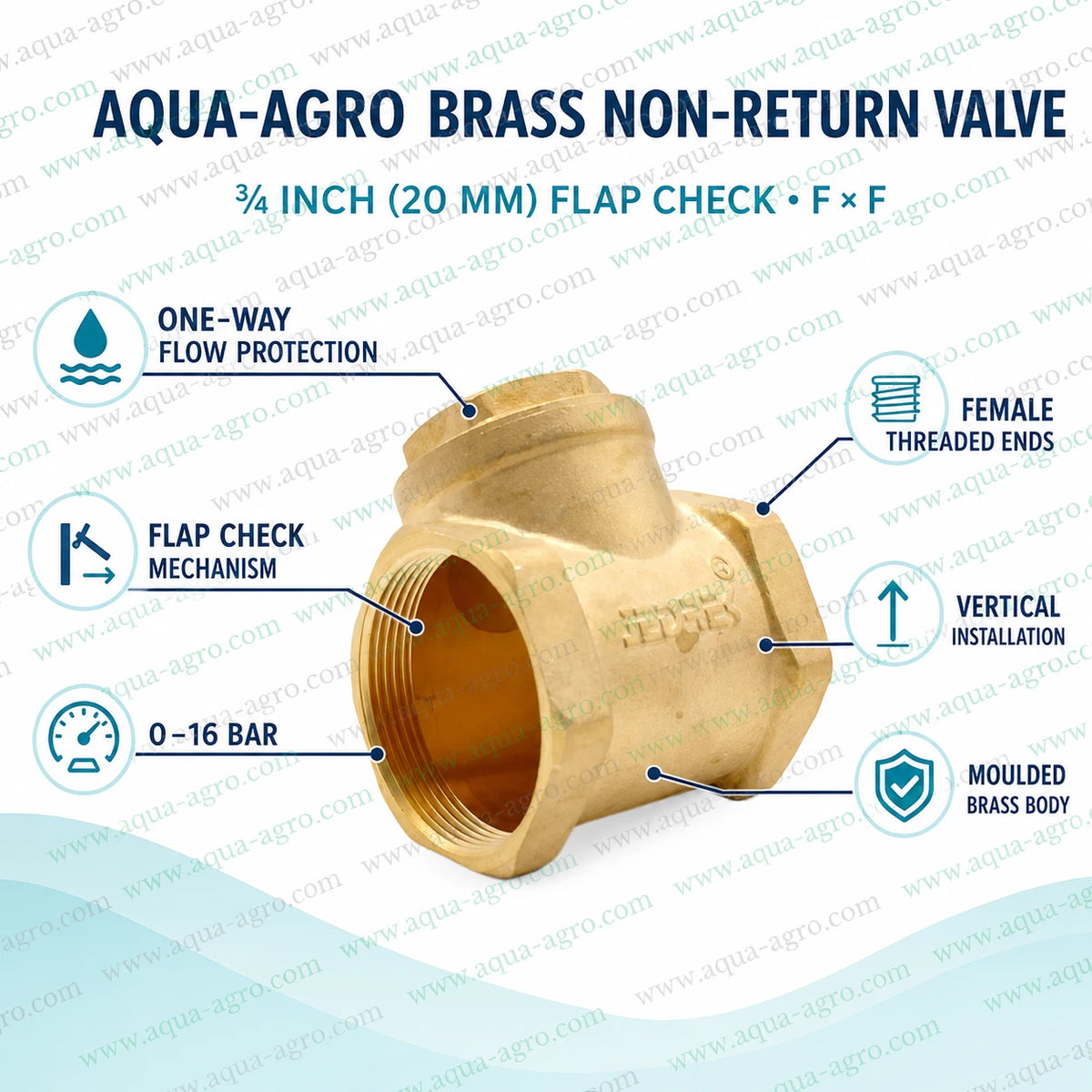 AQUA AGRO brass non return valve NRV 0.75 inch 20mm flap check valve with female threaded ends moulded brass body vertical installation one way flow protection and 0 to 16 bar pressure rating