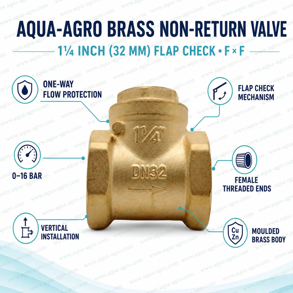 AQUA AGRO brass non return valve NRV 1.25 inch 32mm flap check valve with female threaded FxF ends moulded brass body 0 to 16 bar for irrigation pumps and water pipelines