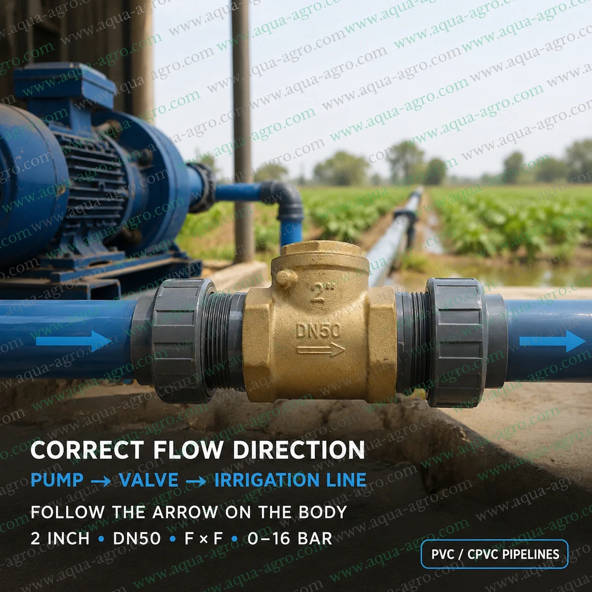 AQUA AGRO brass non return valve NRV 2 inch 50mm DN50 flap check valve installed on irrigation pipeline with female threaded FxF ends 0 to 16 bar for pump backflow protection