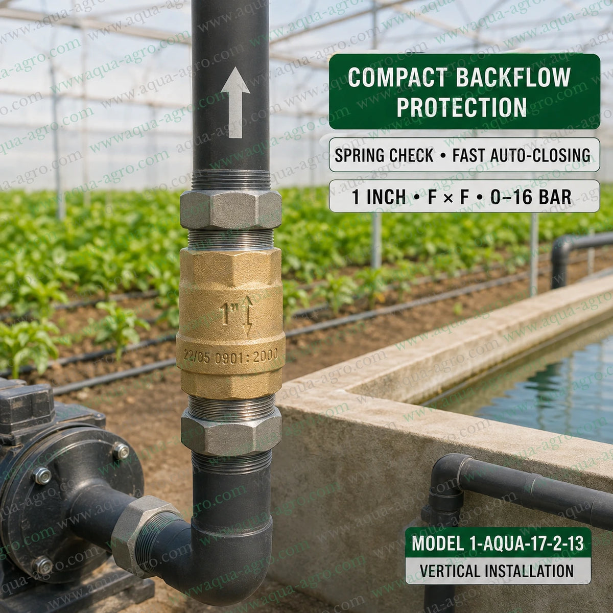 AQUA AGRO brass NRV 1 inch 25mm spring check valve installed vertically in irrigation pump pipeline with female threaded FxF connections and automatic backflow protection