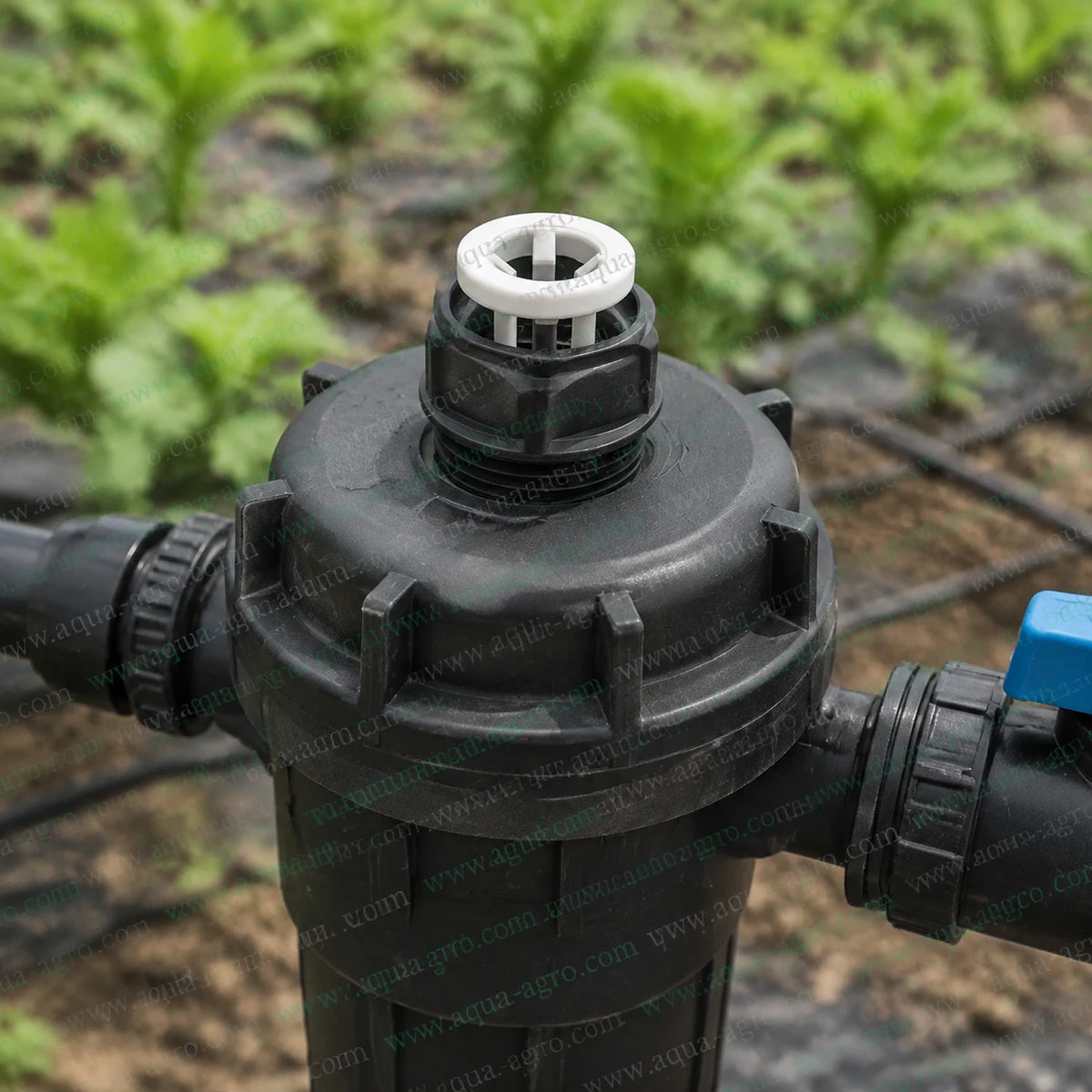 AUTOMAT HT-87 VB vacuum breaker installed on irrigation disc filter for air intake and vacuum protection in agricultural irrigation system