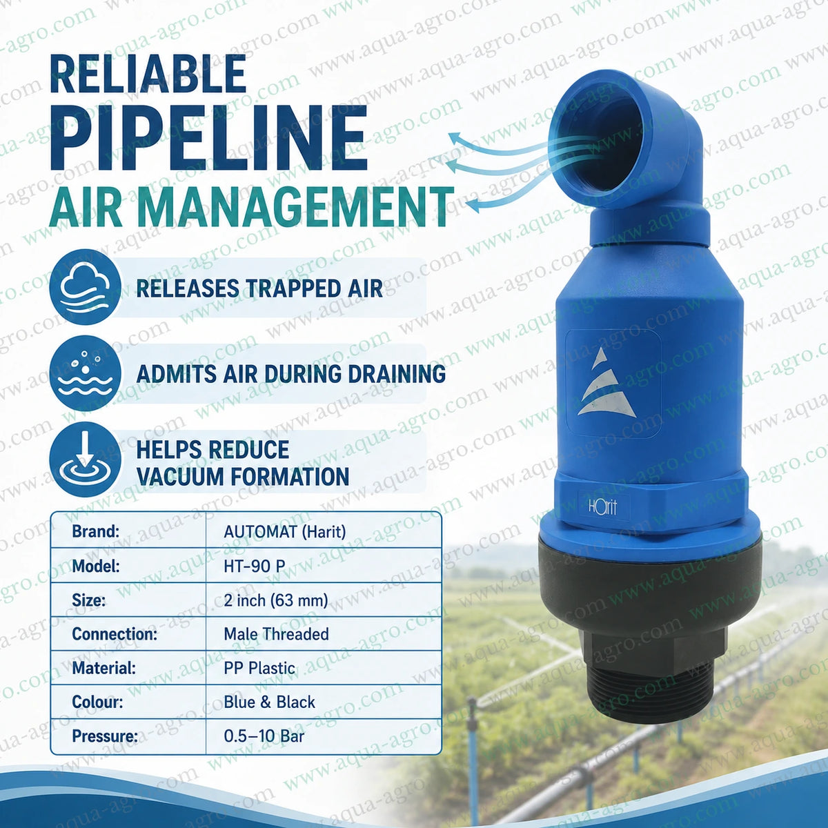 Automat HT-90 P 2 Inch 63mm Plastic Air-Cum-Vacuum Relief Valve For Irrigation Pipeline Air Management