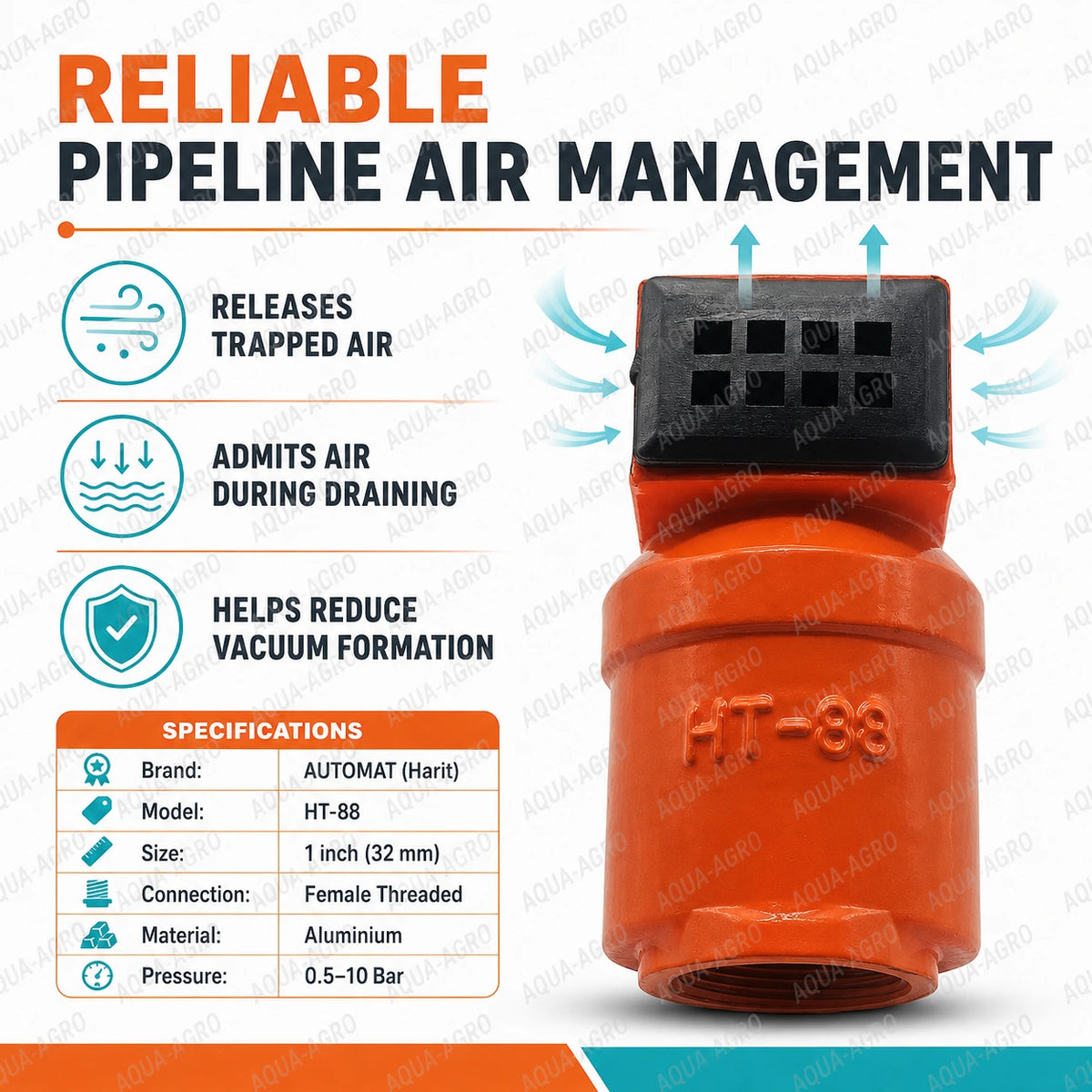 Automat HT-88 1 Inch 32mm Aluminium Air Release And Vacuum Relief Valve With Female Threaded Connection For Irrigation Pipelines