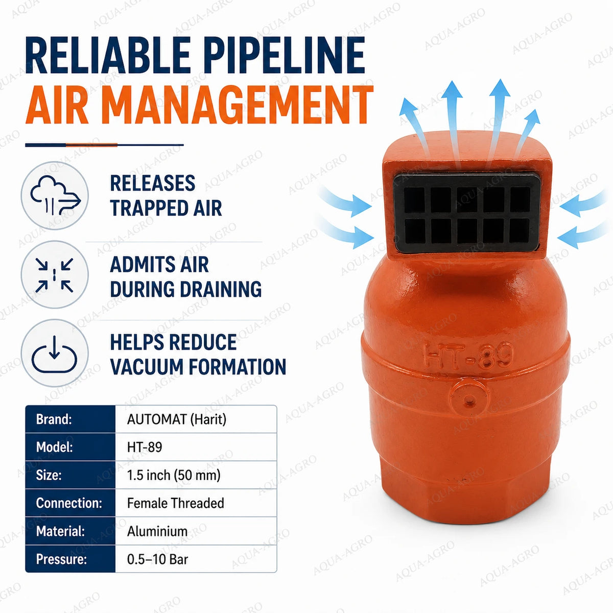 Automat HT-89 Aluminium Air Release Valve With 1.5 Inch 50mm Female Thread For Trapped Air Release And Vacuum Protection