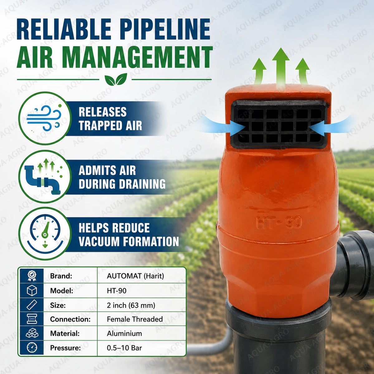 Automat HT-90 Aluminium Air-Cum-Vacuum Relief Valve For Irrigation Pipeline Air Management With 2 Inch 63mm Female Thread