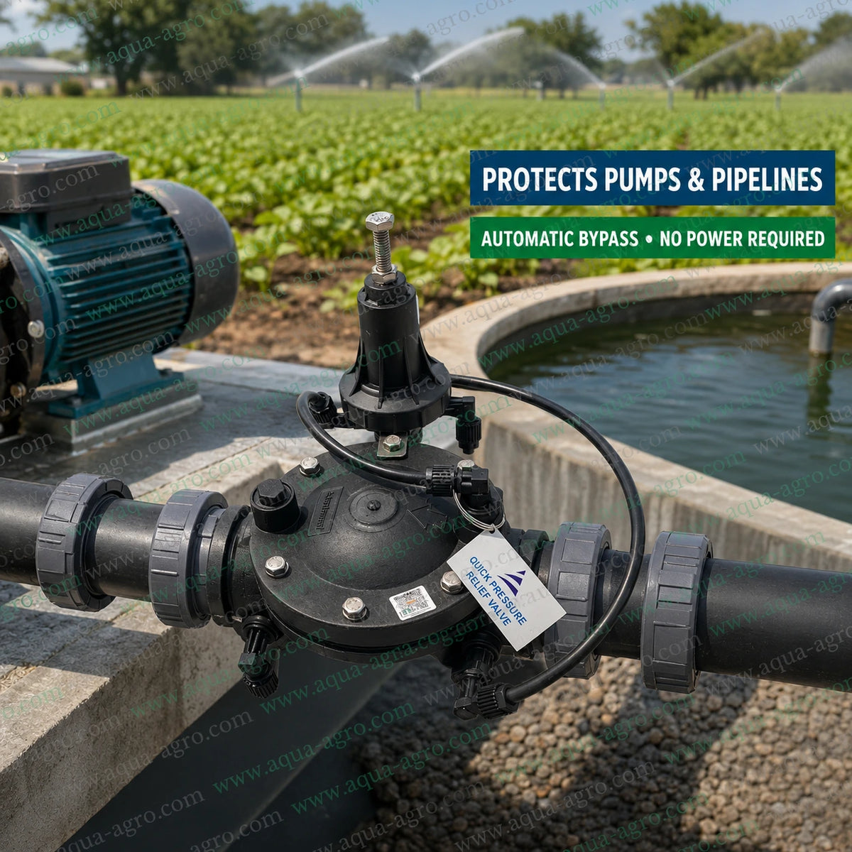 AUTOMAT HT-426QPR-TH-RP 2 inch plastic hydro pneumatic pressure relief valve with automatic bypass safety mechanism adjustable pressure control pilot assembly and male threaded inlet outlet for agricultural sprinkler and drip irrigation pipeline protection