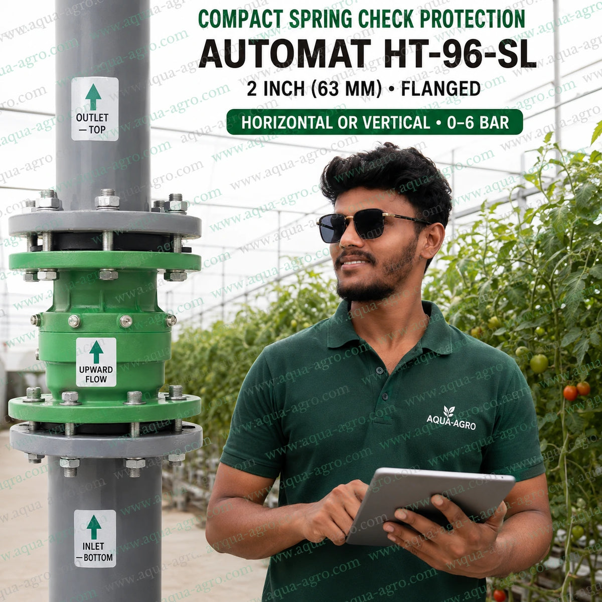 AUTOMAT HT-96-SL 2 inch 63mm flanged spring check NRV installed vertically in irrigation pipeline with automatic non return flow protection 0 to 6 bar