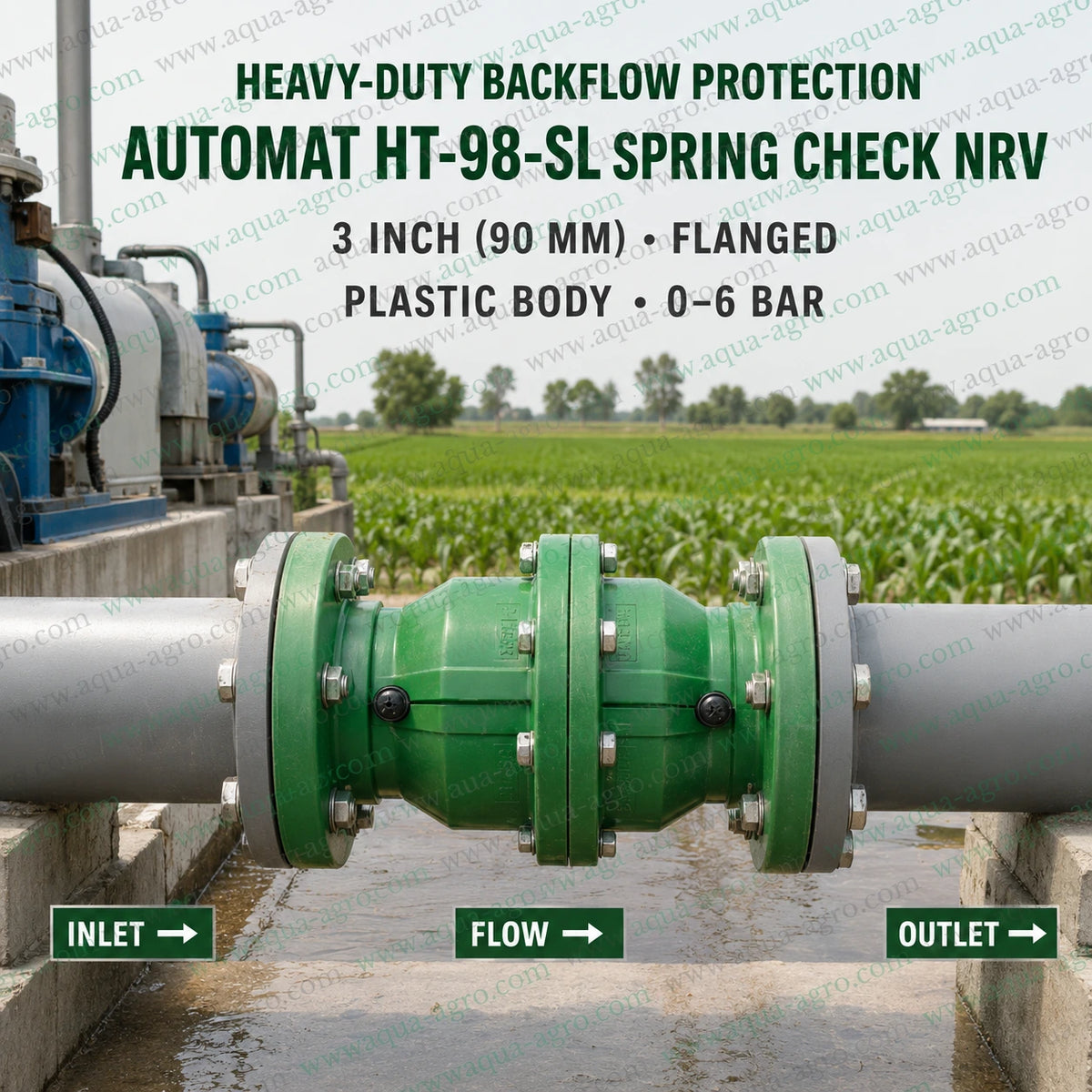 AUTOMAT HT-98-SL 3 inch 90mm plastic spring check non return valve with flanged ends installed in agricultural irrigation pipeline for heavy duty backflow protection