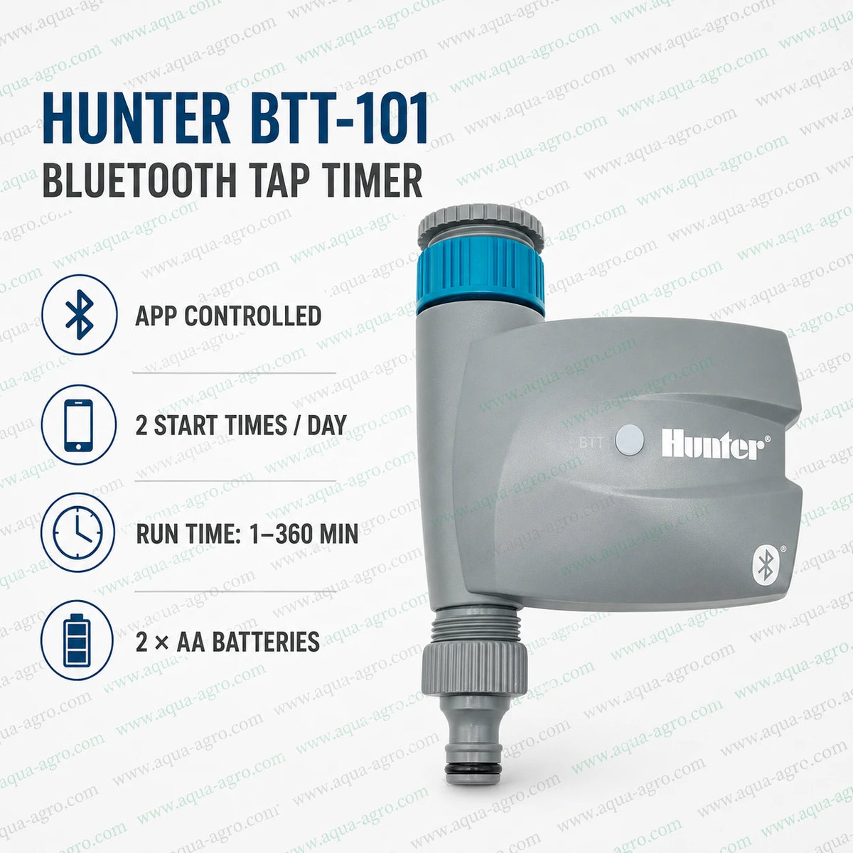Hunter BTT-101 Bluetooth app controlled tap timer with 2 start times per day, 1–360 minute run time and 2 AA battery operation