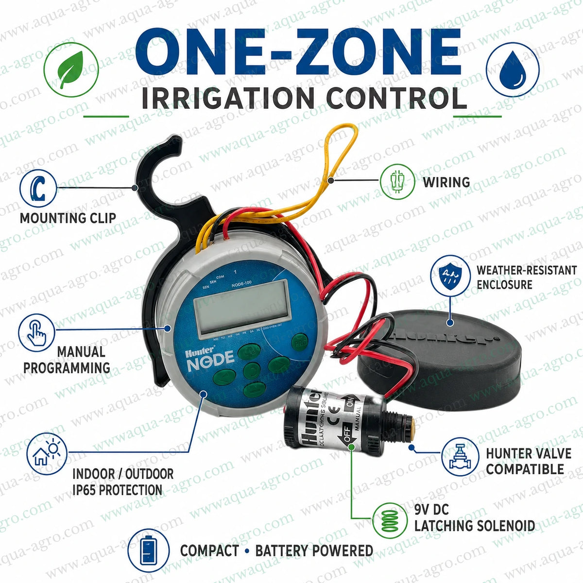 Hunter NODE-100 one-zone irrigation controller with weather-resistant enclosure, 9V DC latching solenoid and manual programming for outdoor irrigation automation