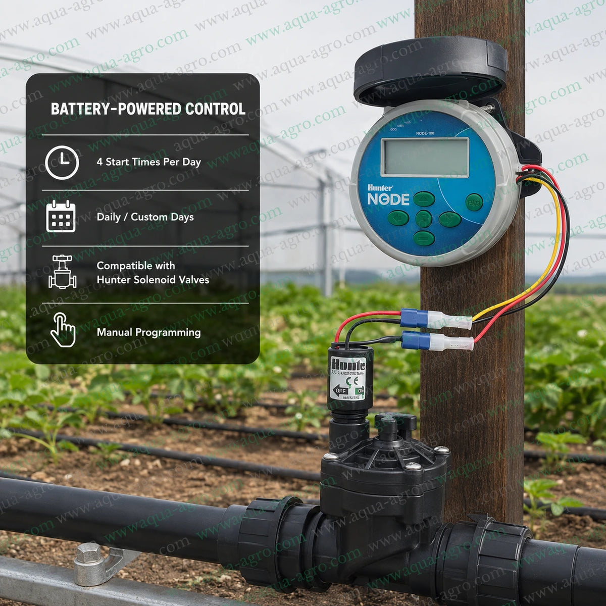 Hunter NODE-100 battery operated irrigation controller installed with solenoid valve for automatic single station drip irrigation control