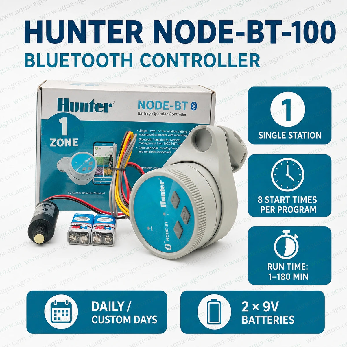 Hunter NODE-BT-100 single station Bluetooth irrigation controller with 8 start times, 1–180 minute run time and dual 9V battery operation