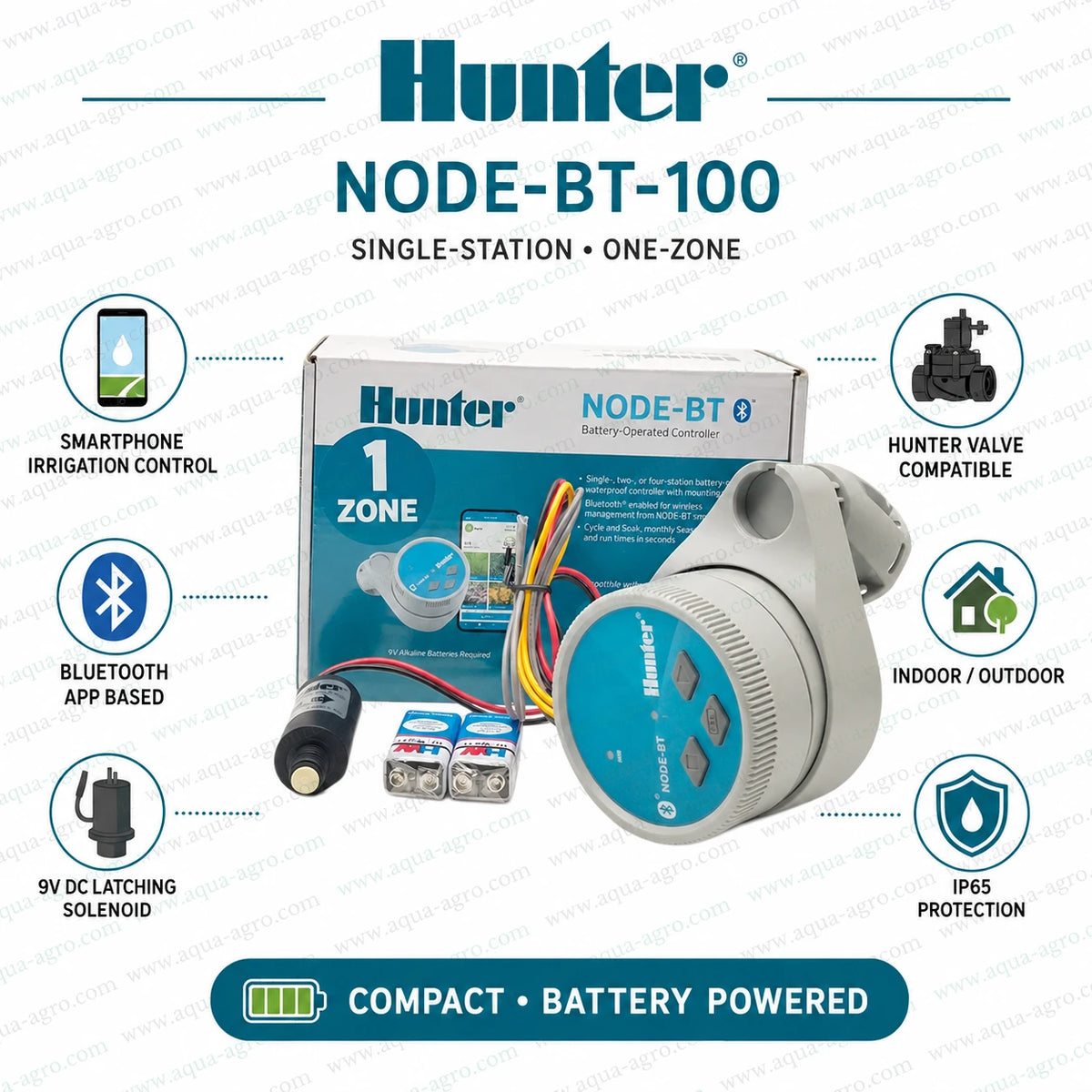 Hunter NODE-BT-100 Bluetooth battery operated irrigation controller with 9V DC latching solenoid for single station automatic irrigation control