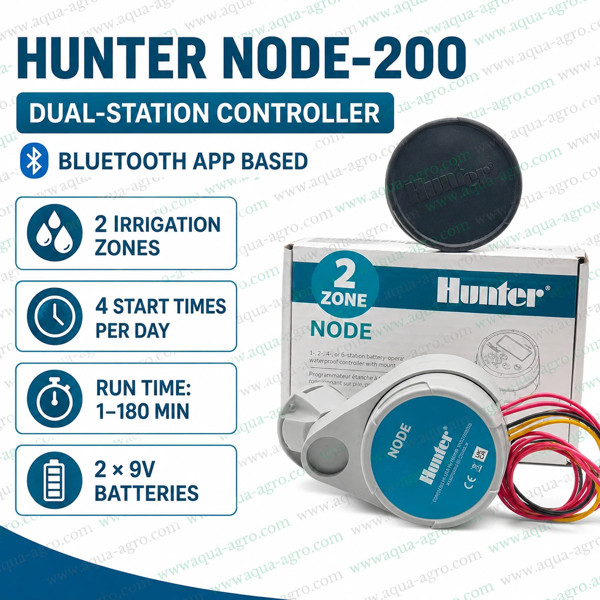 Hunter NODE-200 dual station irrigation controller without 9V DC latching coil, featuring two irrigation zones, programmable start times and battery operation
