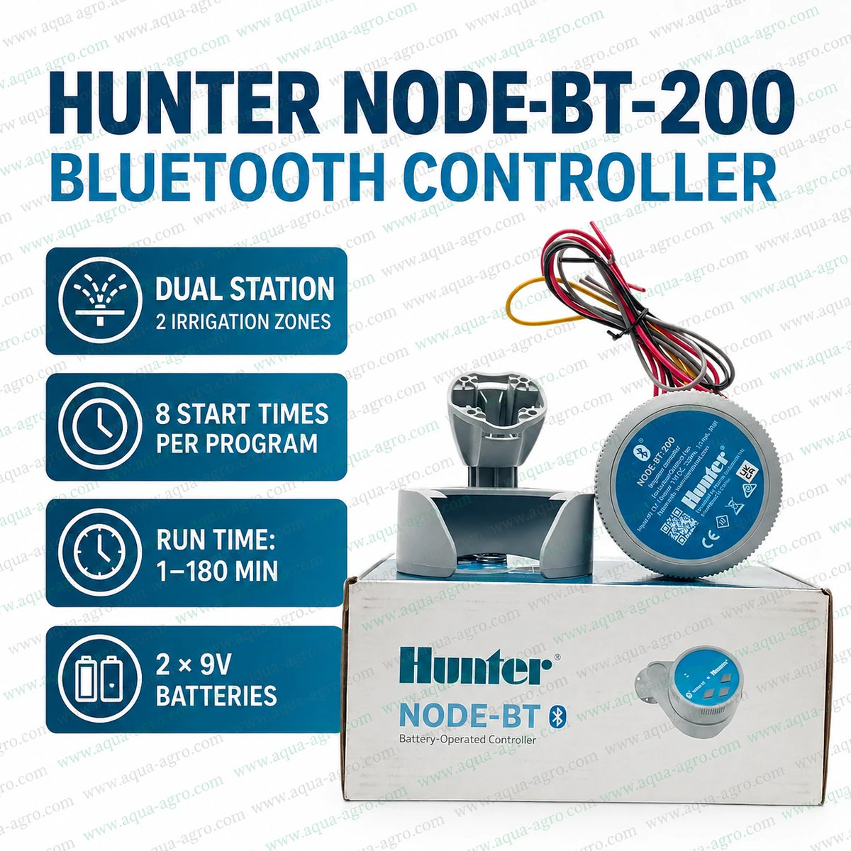 Hunter NODE-BT-200 Bluetooth dual station irrigation controller without 9V DC latching coil, featuring two irrigation zones, 8 start times and battery operation