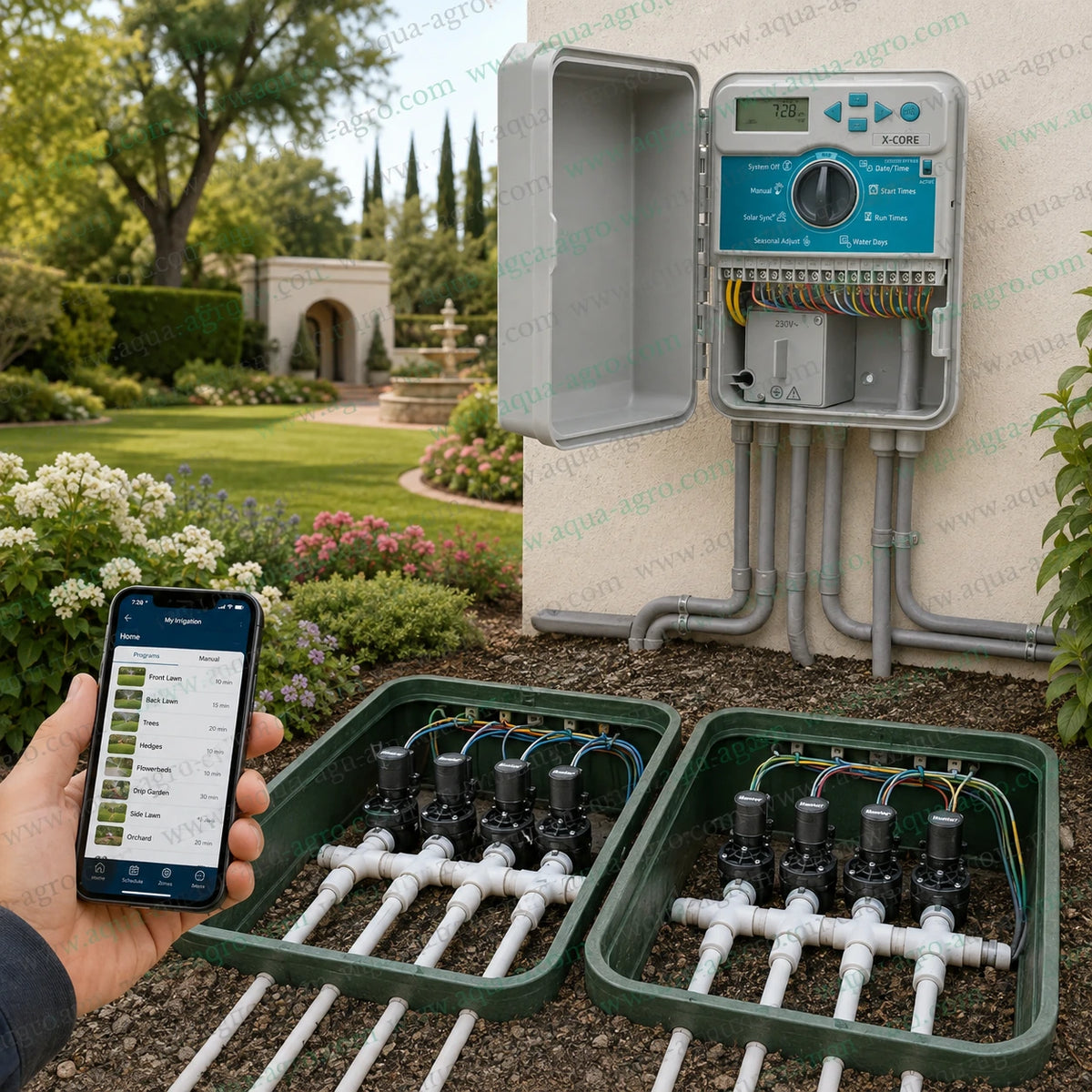 Hunter X-Core 8 station irrigation automation controller installed for garden and landscape watering with multiple solenoid valve zones and app control