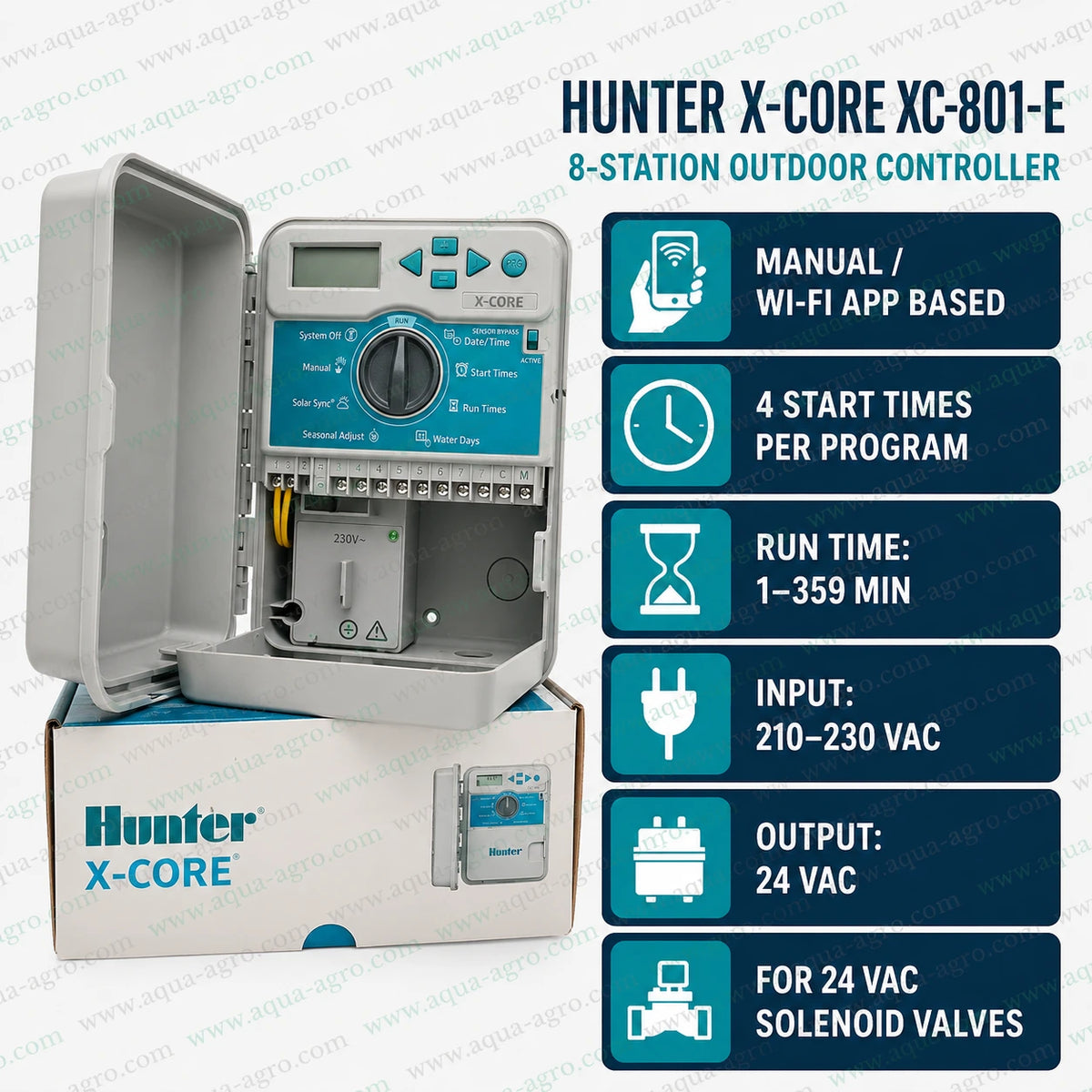 Hunter X-Core XC-801-E-230V outdoor irrigation controller with 8 stations, 24 VAC output and automatic sprinkler system programming