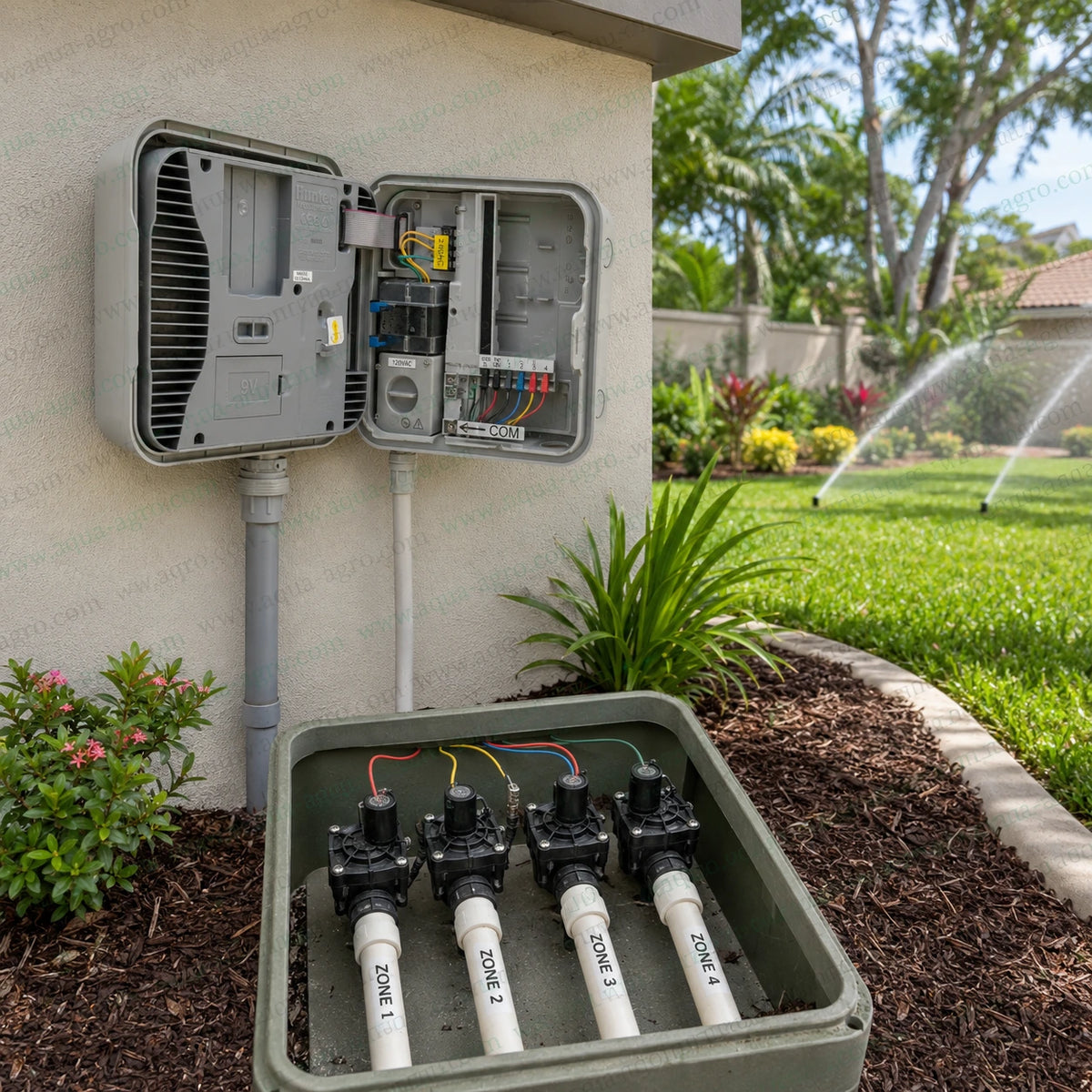 Hunter PRO-C P2C400 irrigation controller installed with four zone solenoid valves for automatic lawn garden sprinkler and landscape irrigation system