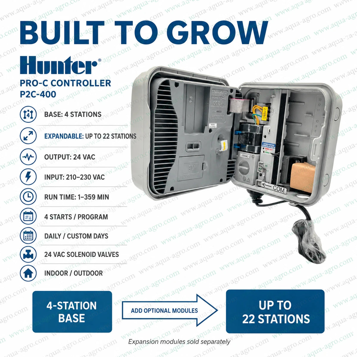 Hunter PRO-C P2C400 modular irrigation controller 4 station base model expandable up to 22 stations with 24VAC output for indoor and outdoor sprinkler automation