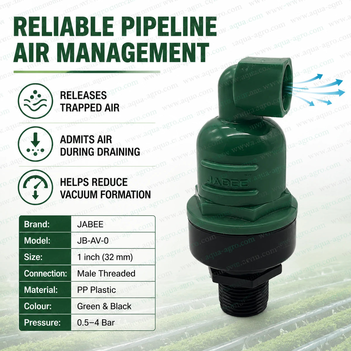 JABEE JB-AV-02 PP Plastic Air Release Valve For Reliable Pipeline Air Management, Vacuum Protection And Irrigation Systems