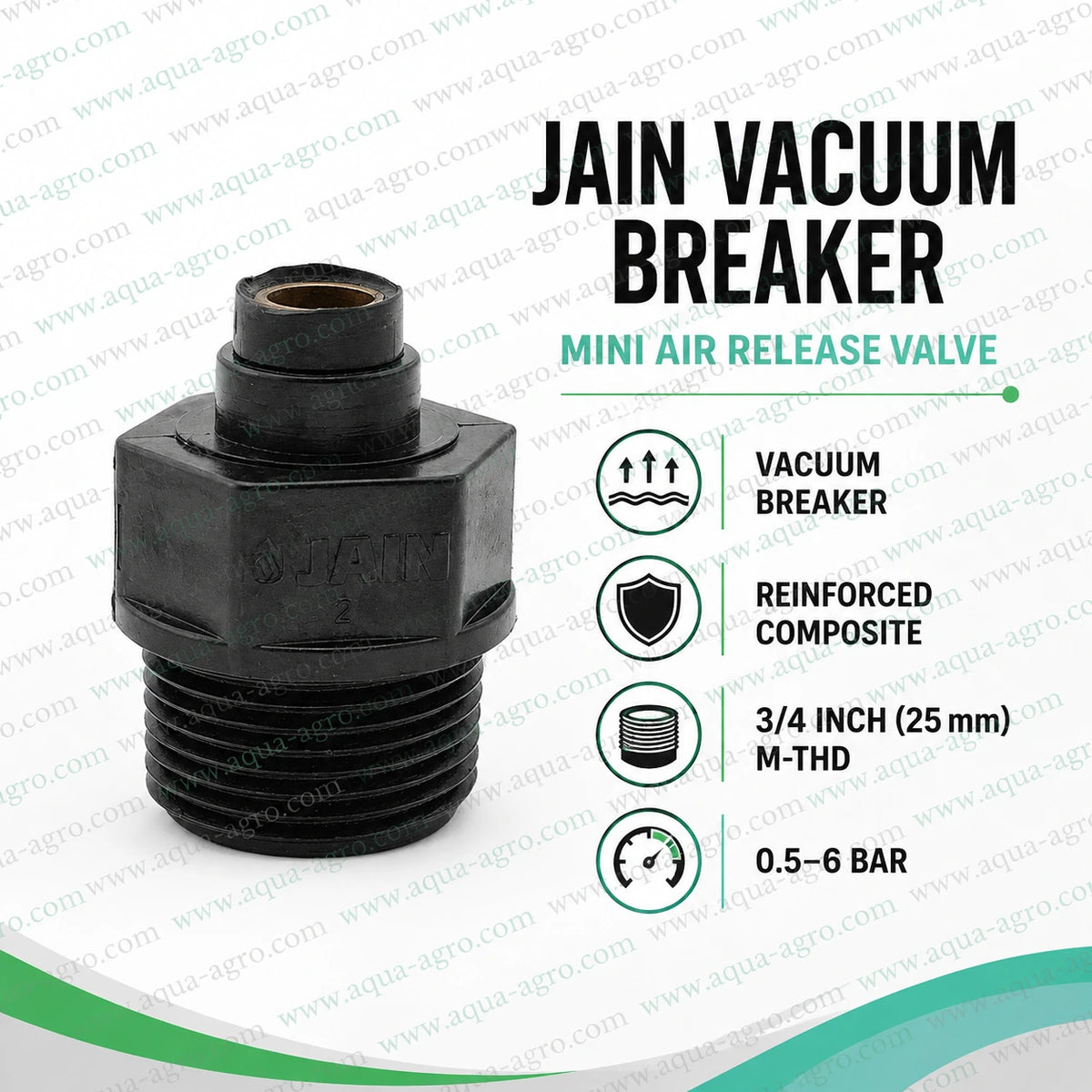 JAIN 3/4 inch 25mm male threaded vacuum breaker air release valve with reinforced composite body for irrigation systems