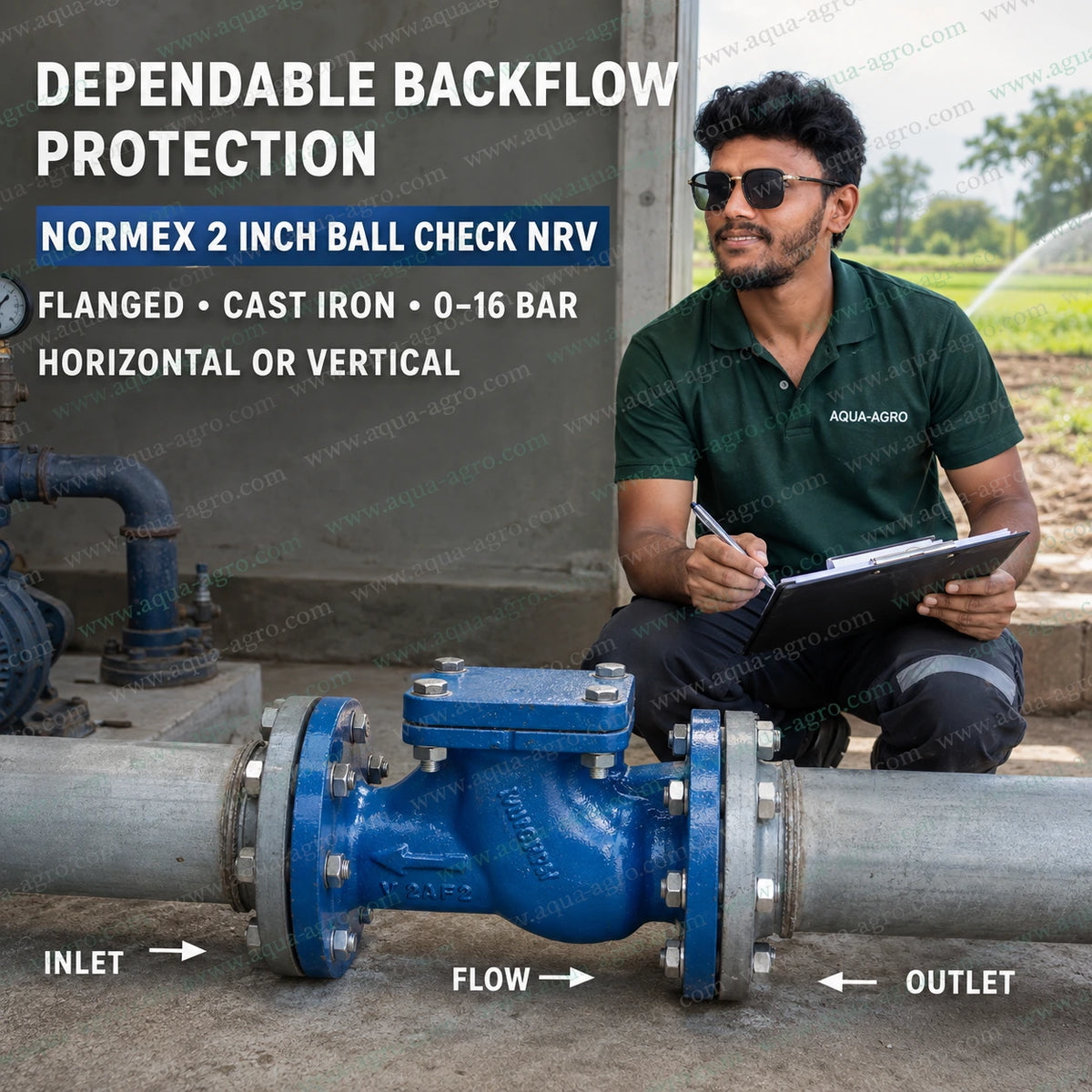 NORMEX cast iron non return valve 2 inch 50mm ball check NRV with flanged ends installed in irrigation pipeline for dependable backflow protection
