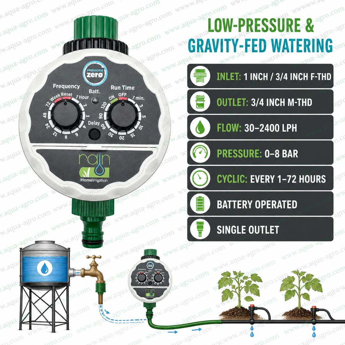 RAIN AMICO ZTT-01 zero pressure irrigation tap timer for gravity fed watering with single outlet, 1–72 hour cyclic programming and battery operation