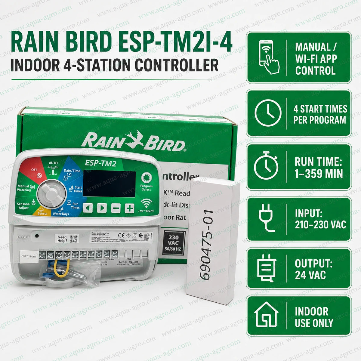 Rain Bird ESP-TM2I-4-230V indoor 4 station irrigation automation controller with 24 VAC output, Wi-Fi app control and programmable watering