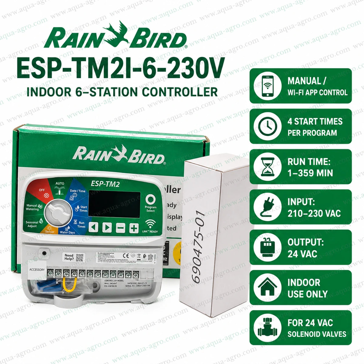 Rain Bird ESP-TM2I-6-230V indoor irrigation automation controller with 6 stations, 24 VAC output, Wi-Fi capability and programmable watering control