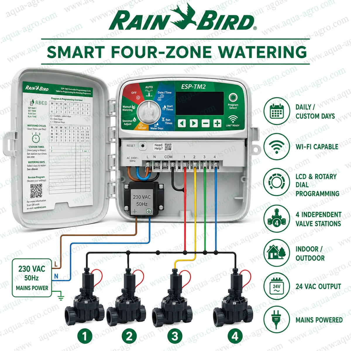 Rain Bird ESP-TM2-4 230V outdoor irrigation controller with four independent valve stations, Wi-Fi capability, LCD programming and 24 VAC output