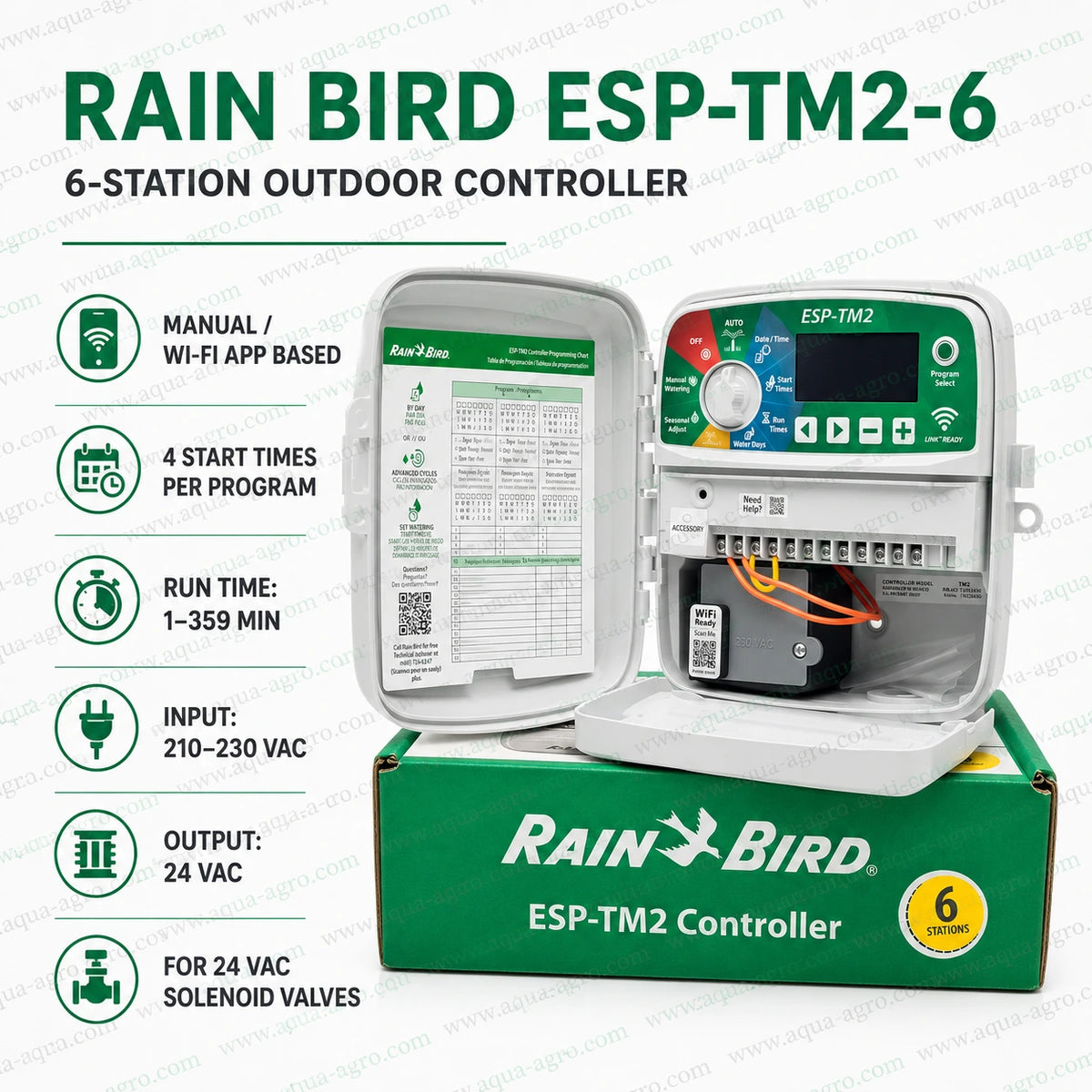 Rain Bird ESP-TM2-6 230V outdoor 6 station irrigation controller with Wi-Fi capability, 24 VAC output and programmable automatic watering control