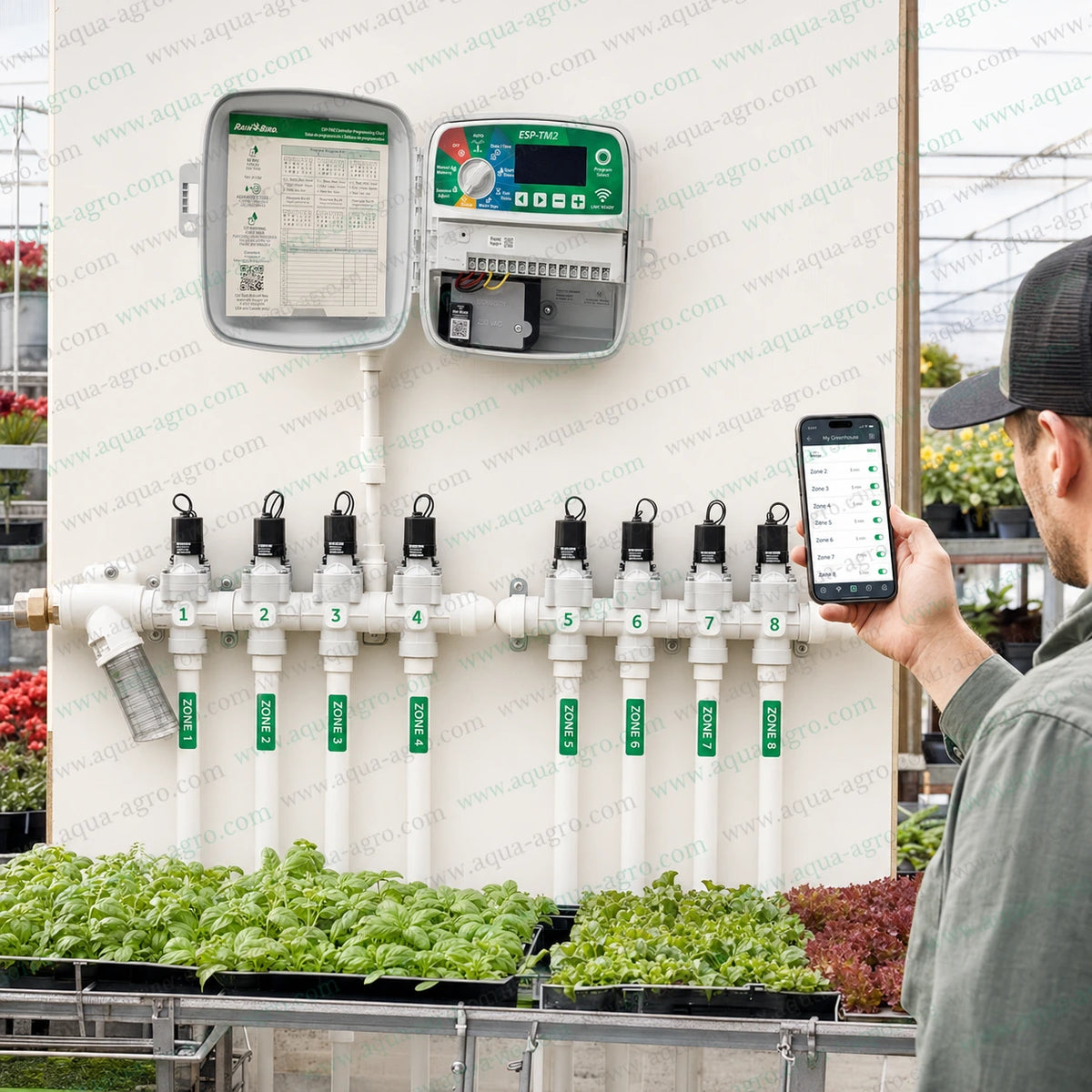 Rain Bird ESP-TM2-8 230V outdoor 8 station irrigation controller installed with eight solenoid valve zones and smartphone Wi-Fi watering control