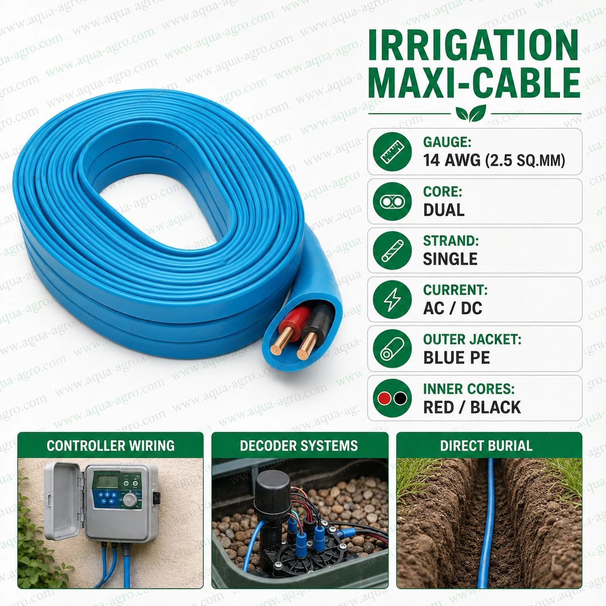 Rain Bird irrigation Maxi Cable 14/2 AWG dual core 2.5 sq mm solid copper direct burial cable for controller and decoder systems