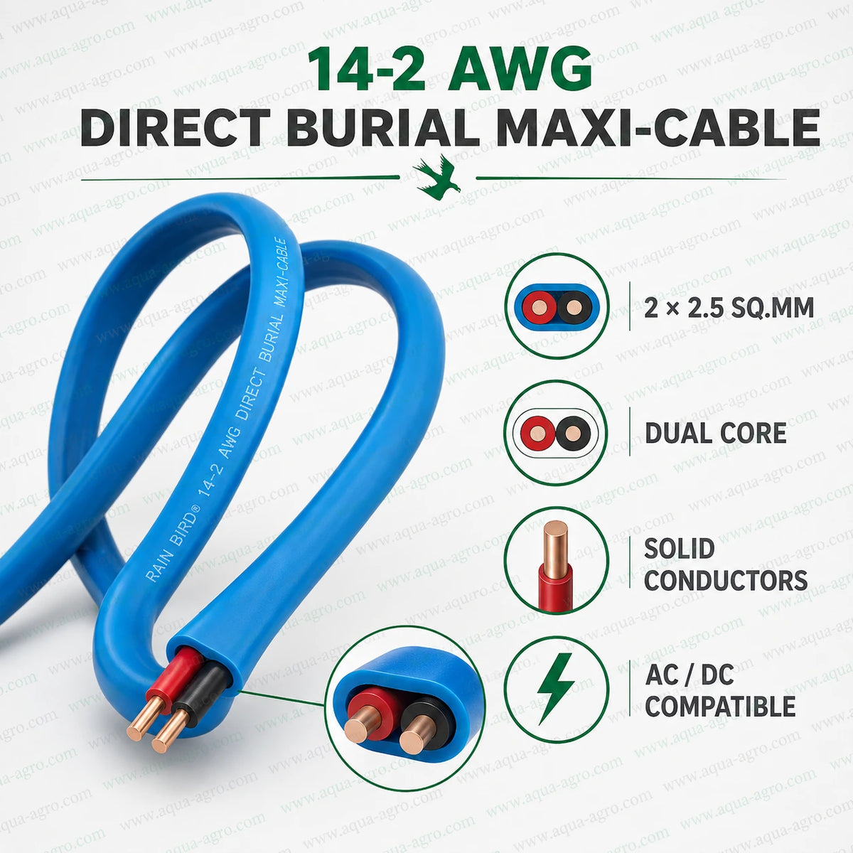 Rain Bird 14/2 AWG direct burial Maxi Cable with two 2.5 sq mm solid copper conductors for irrigation automation and decoder wiring