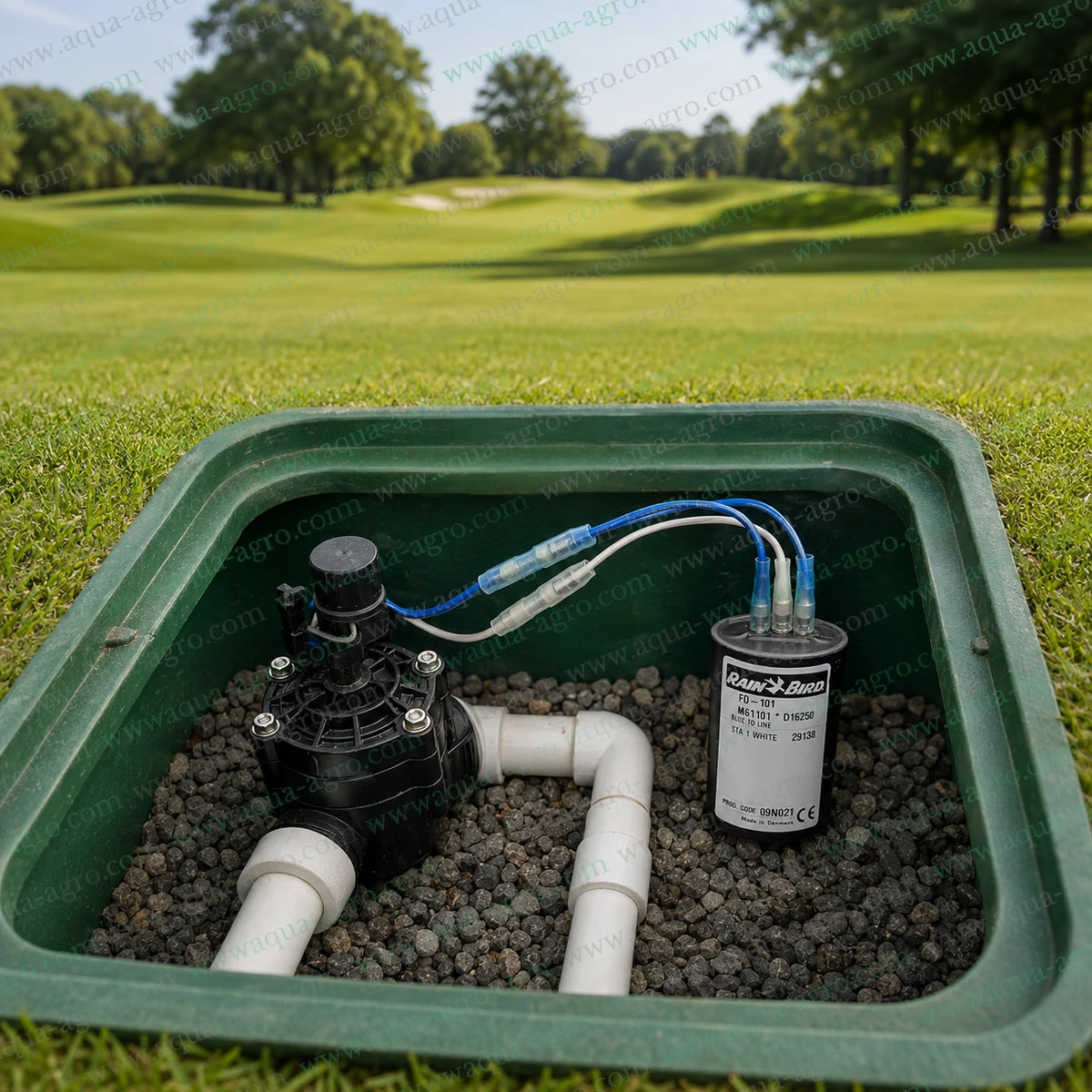 Rain Bird FD-101-GOLF field decoder installed with solenoid valve inside irrigation valve box for automated golf course sprinkler control