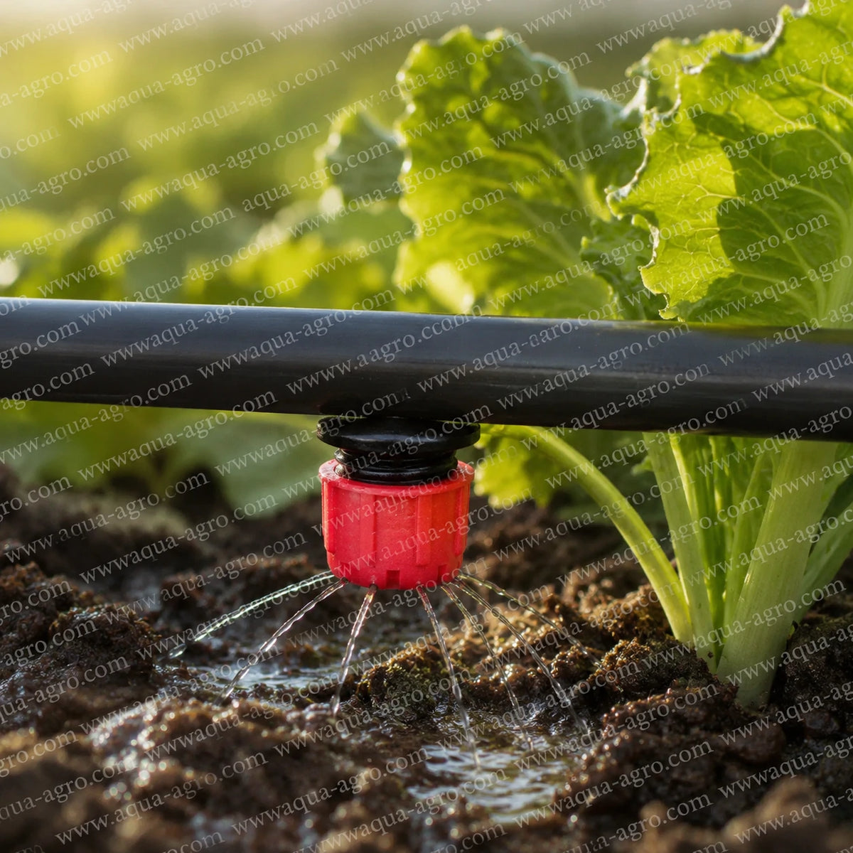AQUA-AGRO adjustable drip emitter 0–70 LPH multi-stream dripper installed on drip irrigation pipe for vegetable root-zone watering