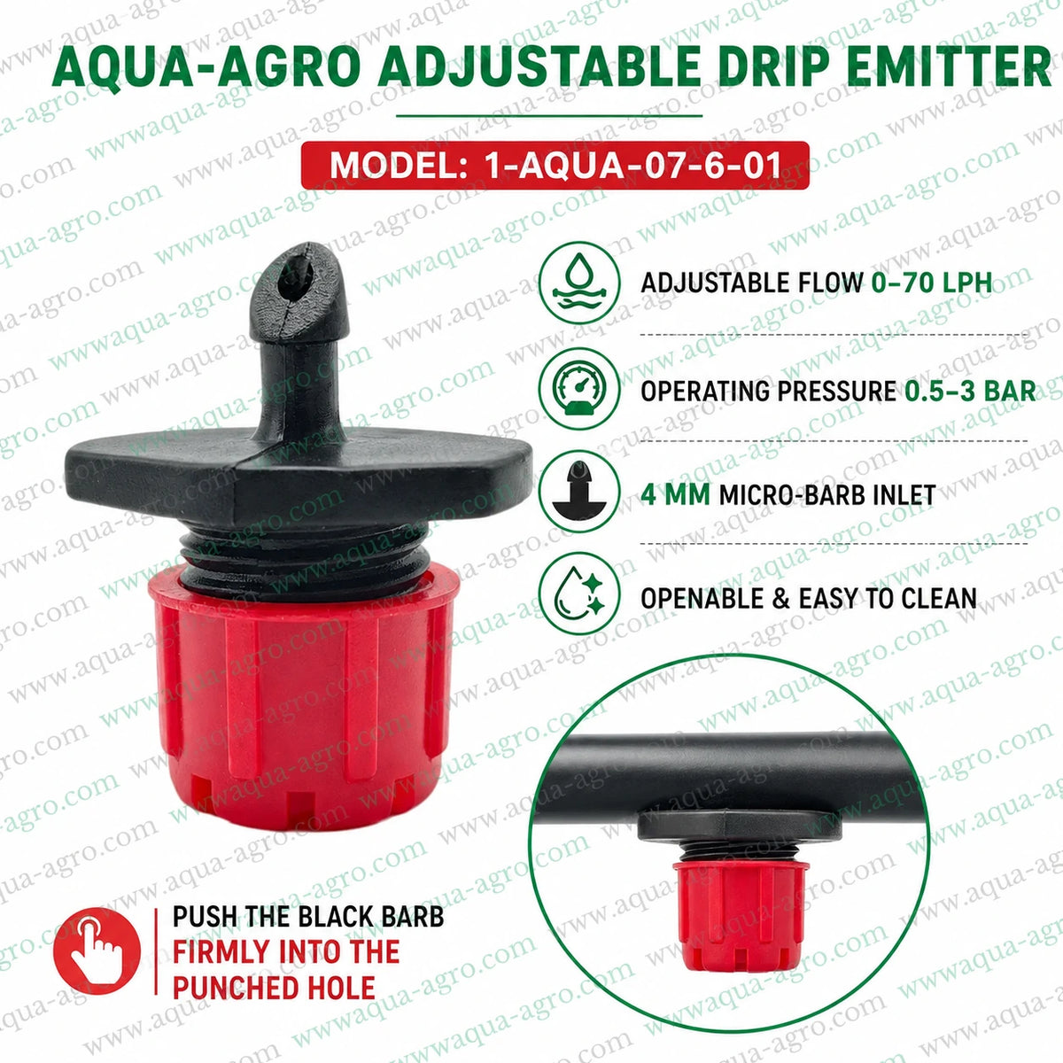 AQUA-AGRO adjustable openable drip emitter 0–70 LPH with 4mm micro-barb inlet, multi-stream jet and 0.5–3 bar operating pressure