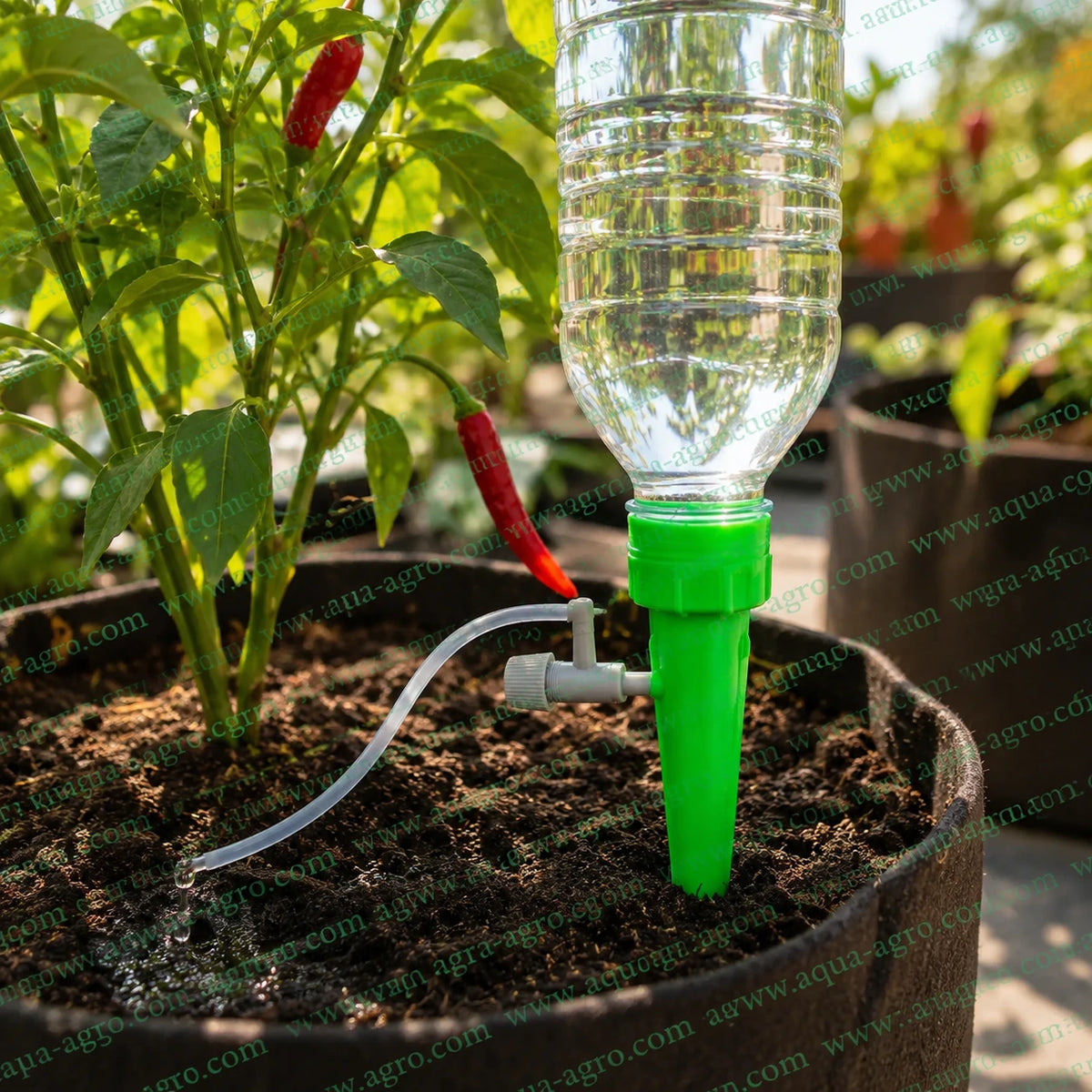 AQUA-AGRO bottle drip irrigation emitter installed with PET water bottle and adjustable micro tube for slow watering of potted plants