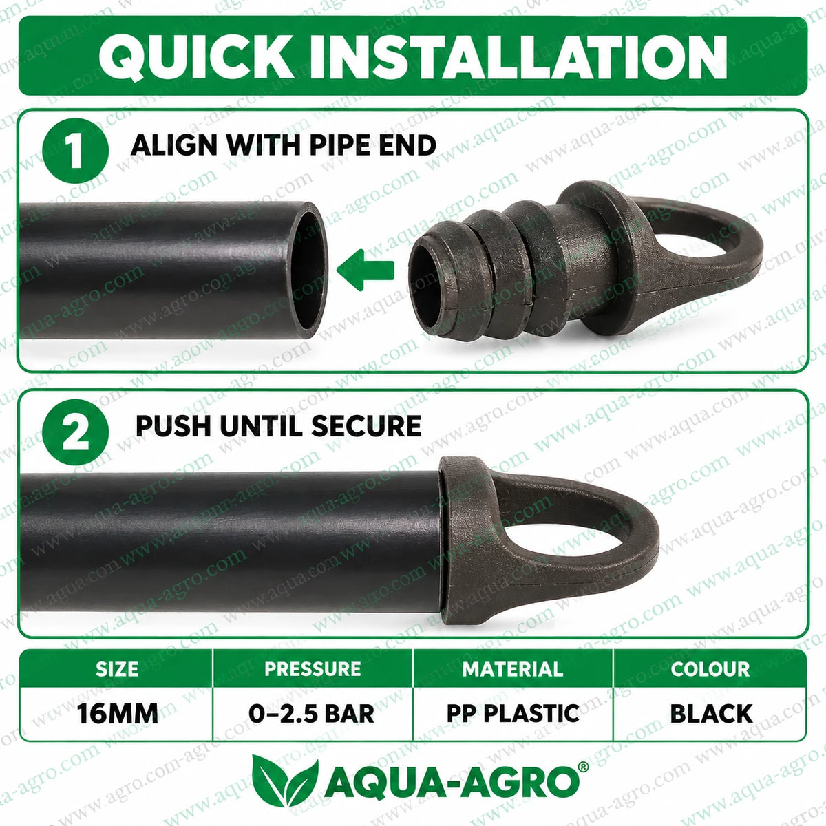 AQUA-AGRO Lite 16mm black PP plastic barbed end clamp installation guide showing how to align and push the fitting into a drip irrigation lateral pipe for secure end closure
