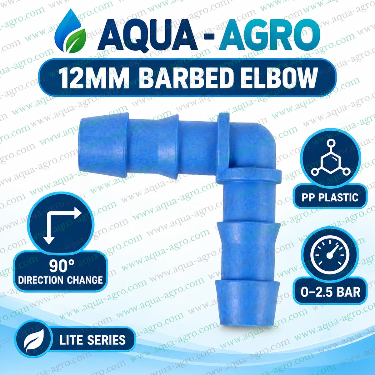 AQUA-AGRO 12mm blue barbed elbow connector made from PP plastic for 90 degree drip irrigation pipe direction change with 0 to 2.5 bar operating pressure