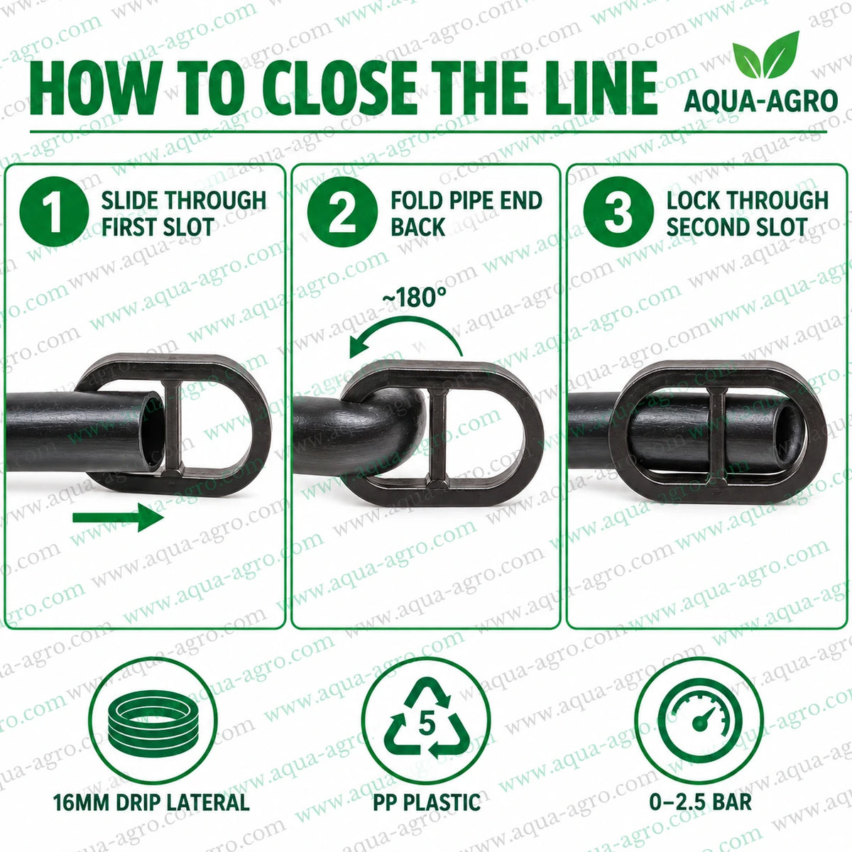 AQUA-AGRO Lite 16mm drip irrigation line end clamp installation guide showing how to insert the lateral pipe fold the pipe end and lock it through the second slot for secure water flow closure
