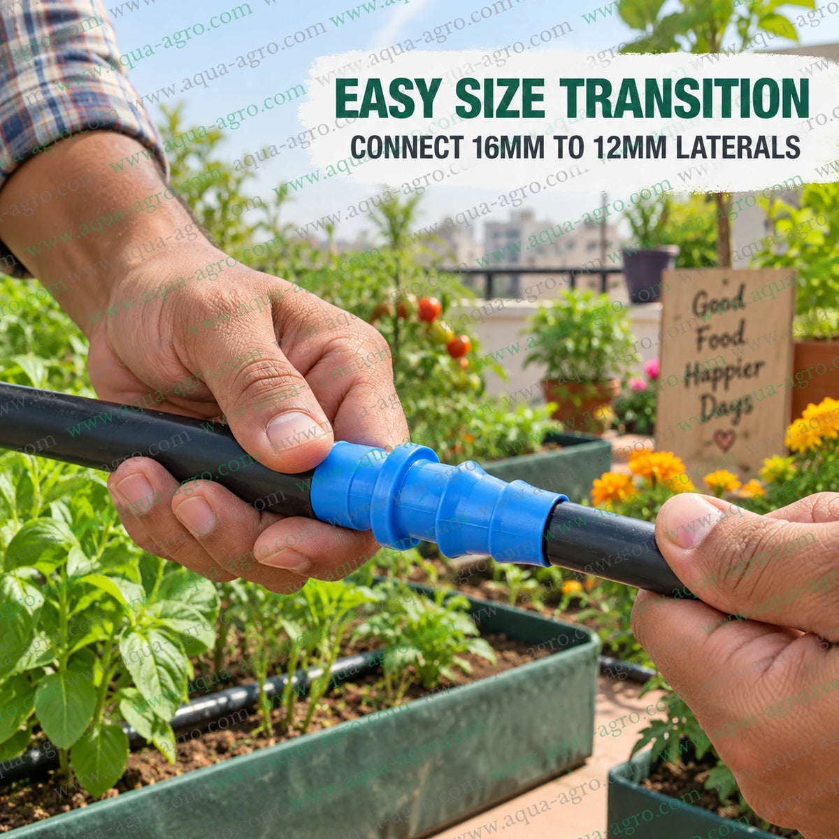 AQUA-AGRO 16mm x 12mm reducing barbed coupler connecting two different size drip irrigation lateral pipes in a terrace garden