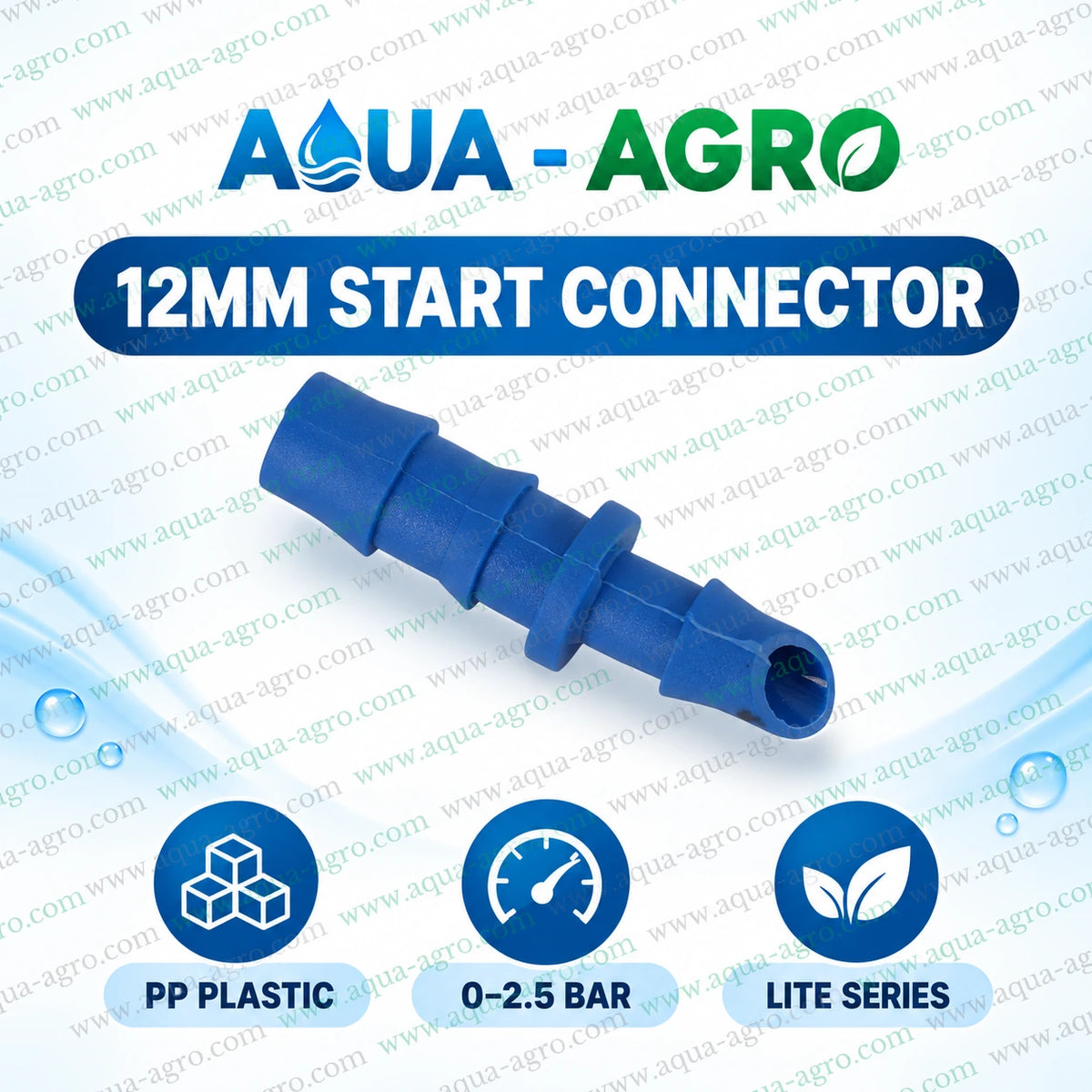 AQUA AGRO Lite 12mm blue plastic barbed start connector for connecting drip lateral pipes to irrigation mainlines with 0 to 2.5 bar operating pressure